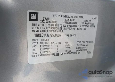 2007 Chevrolet Silverado 1500 Lt1 из США, поврежденный, VIN 1GCEC14J77Z558066